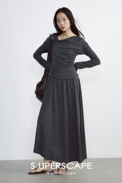 Asymmetric Knot Slant Collar Pleated A-Line Knit Dress - Trendy 90s-Inspired Fashion for Chic Outfits