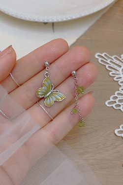 Asymmetrical Green Butterfly Earrings for Women - Fresh Forest Style Spring/Summer Niche Long Studs
