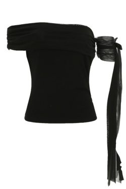 Asymmetrical Off-Shoulder Pleated Slim-Fit Top - Elegant Flowing Strap Knitted Short Sleeve T-Shirt for Chic Casual Style