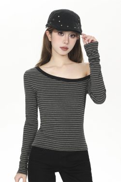Asymmetrical Off-Shoulder Striped Long Sleeve T-Shirt for Women, Slim Fit Autumn Base Layer, Clavicle-Exposing Trendy Style