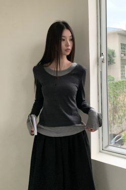 Autumn 3D Rose Cuff Layered Casual Knitted Top - Elegant Two-Piece Shirt for Chic 90s & Y2K Style