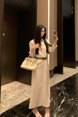 Autumn Coffee Denim French Vintage Long Sleeve Dress for Women - Elegant Waist-Defined Workwear in Lazy Style, Perfect for Fall