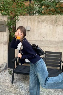 Autumn Deep Blue Cable Knit Long Sleeve Cardigan for Women, Slimming Round Neck Knit Top for Fall Fashion