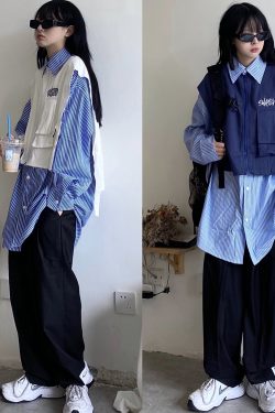 Autumn Handmade Striped Shirt with Vest Splicing - Loose Unisex Fashion Workwear, 90s Inspired Two-Piece Look