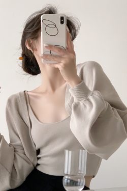 Autumn Knitted Long Sleeve Cardigan & Camisole Two-Piece Set for Women - Cozy Soft Sweater Outfit, Perfect for Layering