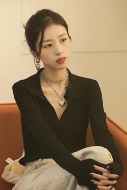 Autumn Knitted Polo Collar Sweater for Women - Black Long-Sleeved Top, Inspired by Zhou Yutong Style, 90s Fashion Vibes