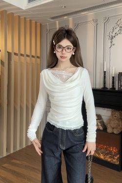 Autumn Lace Knitted Layered Mock Two-Piece Base Top - Slim Fit, Elegant Knitwear for 90s-Inspired Fall Fashion