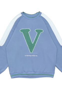 Autumn Oversize Round Neck Sweatshirt for Couples - Handmade Embroidery Print & Splicing - Trendy Unisex Style