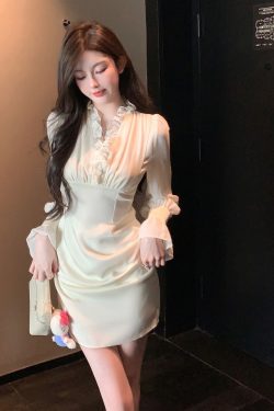Autumn Satin Chiffon Ruffled V-Neck White Dress - High Waist Slim Fit Elegant Short Skirt for Fall Fashion