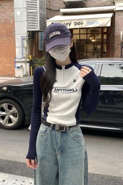 Autumn Spicy Girl Long Sleeve T-Shirt for Women, Slim-Fit Embroidered, Zipper Inner Layer, Spliced Design, Trendy Fashion Top