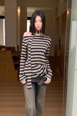 Autumn Vintage Striped High-Waisted Pleated Knit T-Shirt Top in Tencel Wool - Asymmetrical Draped Design