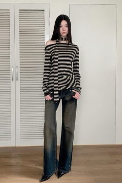 Autumn Vintage Striped High-Waisted Pleated Knit T-Shirt Top in Tencel Wool - Asymmetrical Draped Design