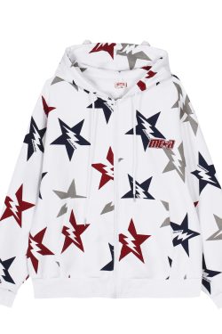 Autumn Zipper Jacket with Hood, Casual Long Sleeve Sweatshirt, Five-Pointed Star Design, Unisex Trendy Outerwear for Fall