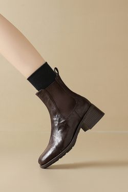 Autumn/Winter Women's Low-Heeled Round-Toe Genuine Leather Chelsea Boots - Black Elastic Martin Short Booties