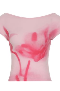 Backless Blurred Plant Print T-Shirt - Slim Fit Versatile Short Top for a Flattering Look - European American Style