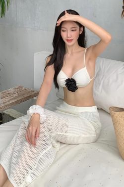 Backless Long Sleeve Knitted Beach Dress with 3D Floral Bikini for Small Chest - Perfect for Island Vacation and Y2K Style