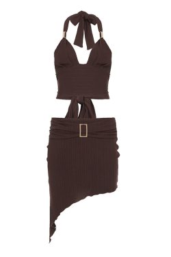 Backless Metallic Tube Top and Diagonal Hem Skirt Two-Piece Set with V-Neck and Tie-Back - Summer European American Style