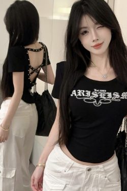 Backless Sexy Cross Crop Top with Letter Print, Short Sleeves, Slim Fit - Summer Y2K Fashion Tee