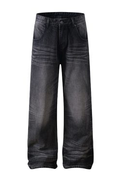Baggy Loose Gray-Black Denim Pants with Crinkled Cat Whiskers - Summer Casual Straight Leg Style for 90s and Y2K Fashion