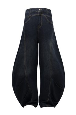 Baggy Washed Blue Vintage Wide-Leg Jeans with Curved Knife Design - Trendy Summer 2025 Fashion for a Y2K Look