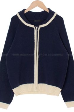 Bamboo Green Striped Knit Zip-Up Cardigan - Thick Knit, Korean Style Fashion