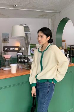 Bamboo Green Striped Knit Zip-Up Cardigan - Thick Knit, Korean Style Fashion