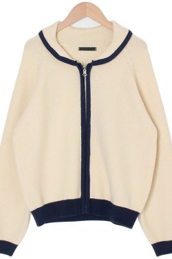 Bamboo Green Striped Knit Zip-Up Cardigan - Thick Knit, Korean Style Fashion