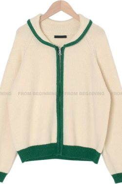 Bamboo Green Striped Knit Zip-Up Cardigan - Thick Knit, Korean Style Fashion