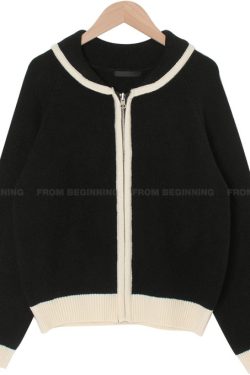 Bamboo Green Striped Knit Zip-Up Cardigan - Thick Knit, Korean Style Fashion