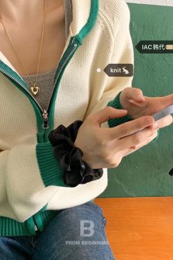Bamboo Green Striped Thick Knit Zip-Up Cardigan - Korean Style Layering Piece for Effortless 90s-Inspired Fashion