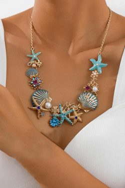 Beach-Style Shell and Starfish Necklace for Women - Unique Coral and Pearl Design, Trendy European and American Fashion Accessory