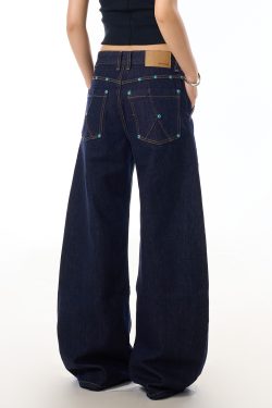Beaded Blue Denim Wide-Leg Pants for Women, Slim-Fit Curved Knife Design, American Washed Style, Trendy Casual Fashion
