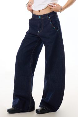 Beaded Blue Denim Wide-Leg Pants for Women, Slim-Fit Curved Knife Design, American Washed Style, Trendy Casual Fashion