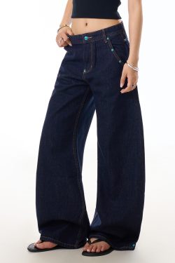 Beaded Blue Denim Wide-Leg Pants for Women, Slim-Fit Curved Knife Design, American Washed Style, Trendy Casual Fashion