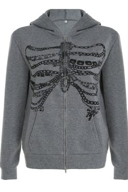 Beaded Chain Rib Print Zipper Hoodie - Loose Versatile Subculture Jacket for Y2K & Streetwear Style