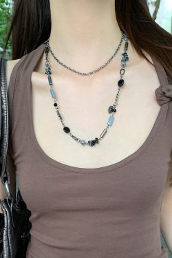 Beaded Long Necklace for Women, Vintage Layered Choker, Dark Punk Clavicle Chain, Bohemian Fashion Accessory