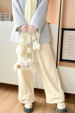 Beige Fleece-Lined Casual Straight Pants for Women - Cute Pudding Bear JK Uniform Winter Bow College Style Trousers