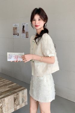 Beige High-End Tassel Two-Piece Dress Set for Women - Short Sleeve Top & Skirt for Summer 2025, Perfect for Petite Sizes