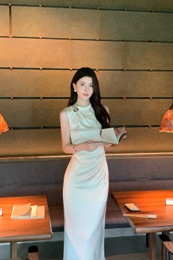 Beige Satin Cheongsam Dress for Women - Elegant Waist-Defined Slim Fit Long Dress for Summer, Y2K Inspired Fashion