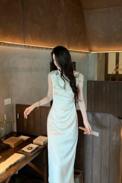 Beige Satin Cheongsam Dress for Women - Elegant Waist-Defined Slim Fit Long Dress for Summer, Y2K Inspired Fashion