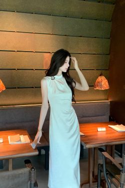 Beige Satin Cheongsam Dress for Women - Elegant Waist-Defined Slim Fit Long Dress for Summer, Y2K Inspired Fashion