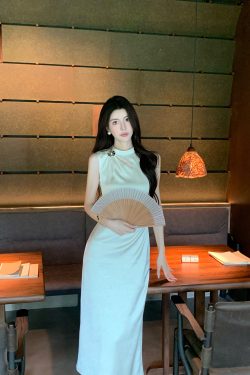 Beige Satin Cheongsam Dress for Women - Elegant Waist-Defined Slim Fit Long Dress for Summer, Y2K Inspired Fashion
