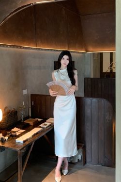 Beige Satin Cheongsam Dress for Women - Elegant Waist-Defined Slim Fit Long Dress for Summer, Y2K Inspired Fashion