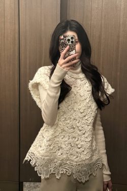 Beige Sequin Embroidered Knitted Vest for Women, Hook Weaving Aesthetics, Round Neck Pullover, Versatile Y2K Style Top
