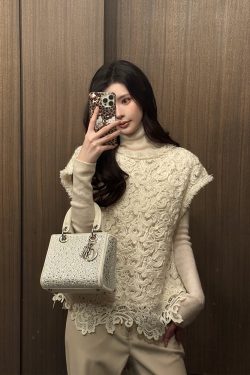 Beige Sequin Embroidered Knitted Vest for Women, Hook Weaving Aesthetics, Round Neck Pullover, Versatile Y2K Style Top