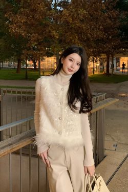 Beige Sequined Patchwork Vest - Women's Sleeveless Top in Chinese Style for Spring - Chic Small Fragrant Design
