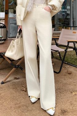Beige Wide-Leg Corduroy Casual Pants for Women - Thickened Elegant Glutinous Rice Style, Trendy 90s-Inspired Fashion