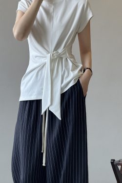 Belted Waist Short Sleeve T-Shirt for Women with Irregular Round Neck and Small Flying Sleeves - Summer 2025 Fashion Top
