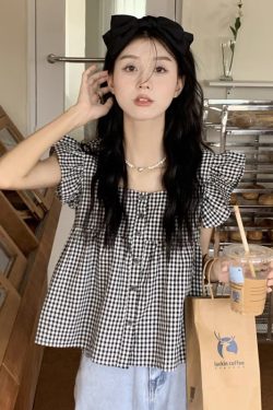 Black and White Checkered Sleeveless Shirt with Square Collar and Ruffled Flutter Sleeves - Summer Fashion Top for Women