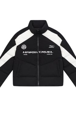Black and White Color Block Splicing Racing Jacket - Self-Heating Graphene Cotton - Urban Street Style